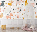 Playroom setup with pastel farm animals wallpaper creating a fun learning corner