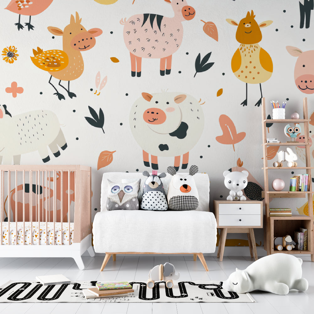 Reading nook with farm themed wallpaper showing scale and color matching with furniture