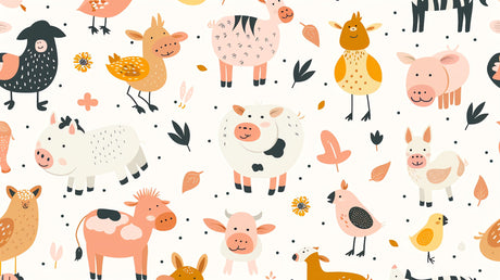 Farm animals wallpaper design file showing full pattern with adorable pastel farm creatures