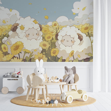 Farm animals wallpaper bringing countryside charm to a bright nursery with sheep and sunflowers