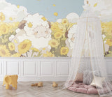 Kids bedroom transformed with sheep and sunflower mural wallpaper, creating a playful farm atmosphere