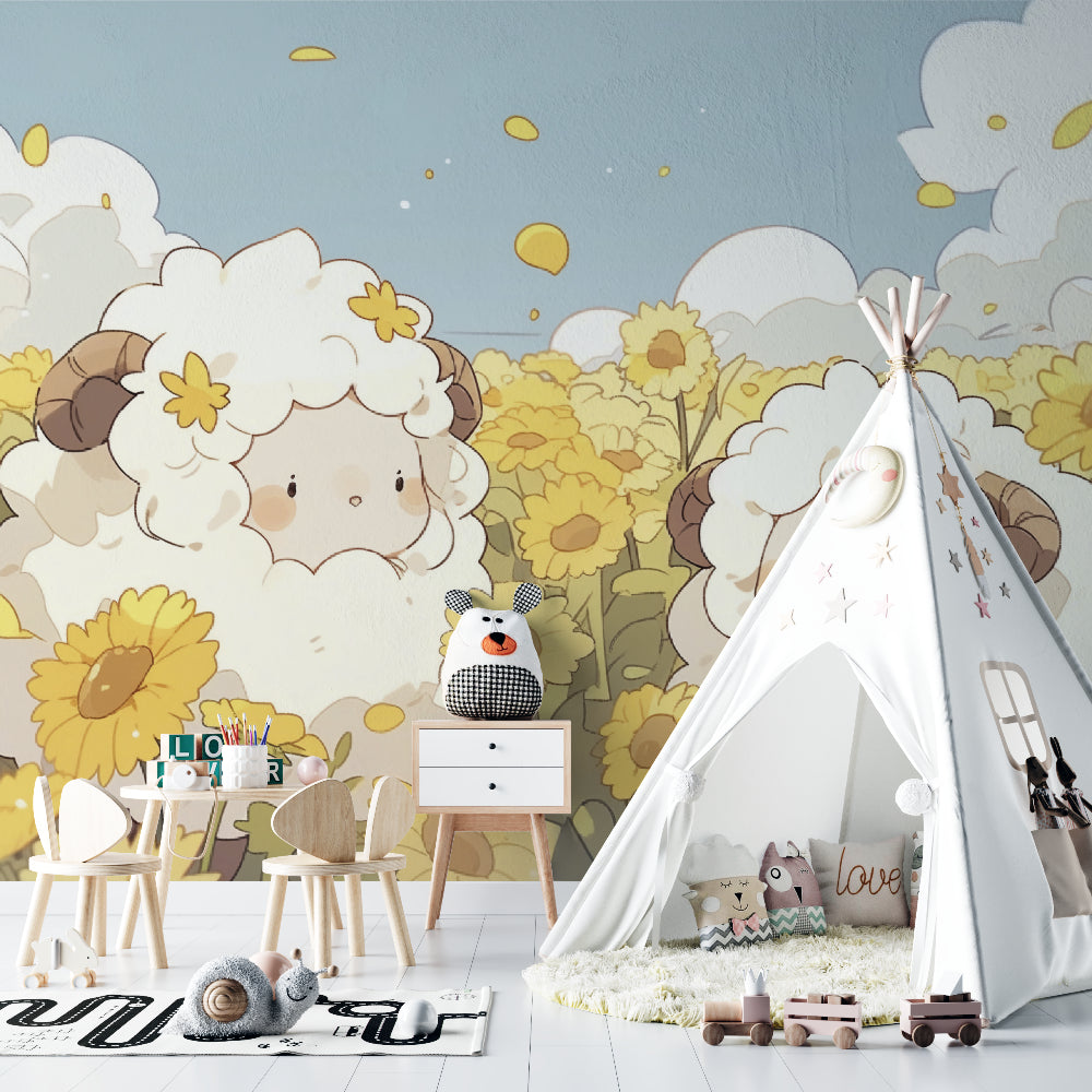 Sheep wallpaper mural adding warmth to a toddler's reading nook with golden sunflower accents