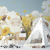 Sheep wallpaper mural adding warmth to a toddler's reading nook with golden sunflower accents