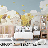 Farm animal wall mural showcasing friendly sheep in playroom with natural lighting
