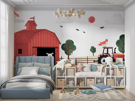 Farm animals wallpaper creating a cozy atmosphere in a bright kids bedroom with natural light
