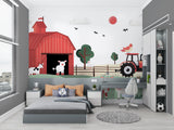 Playroom featuring farm themed wall mural with red barn scene, showing scale and impact