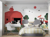 Nursery setting with farm animal wallpaper showing the red tractor detail