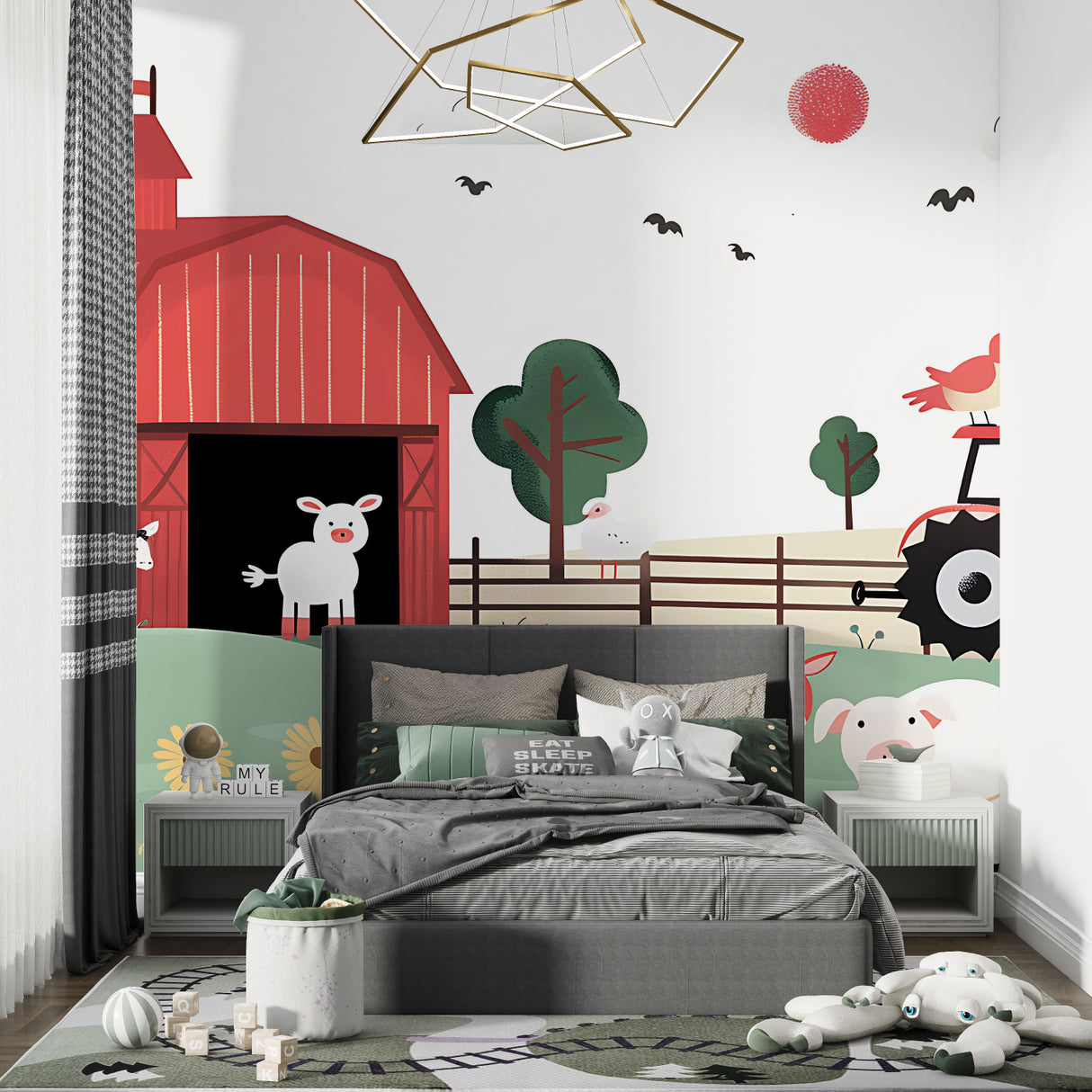 Farm mural wallpaper installed in a modern children's reading nook
