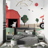 Farm mural wallpaper installed in a modern children's reading nook