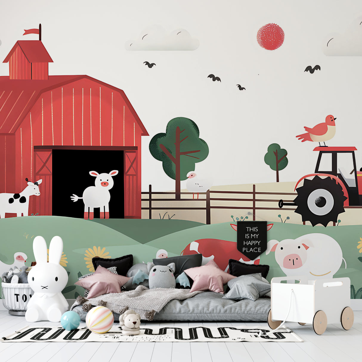 Classroom environment showcasing educational farm animals wall mural