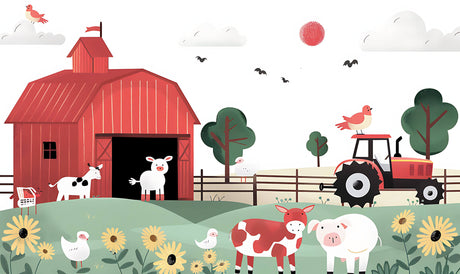 Farm animals wallpaper design file showing full pattern with red barn and tractor