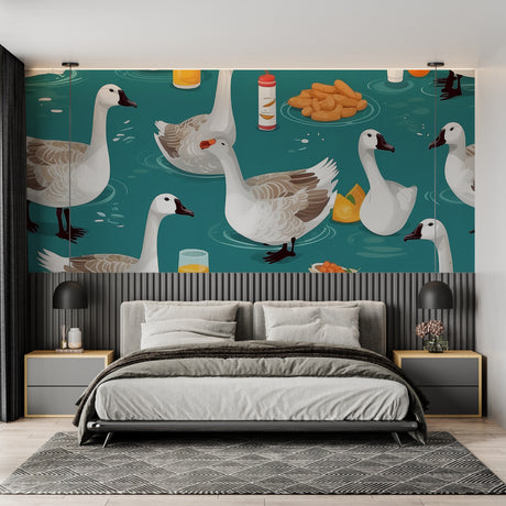 Farm birds wallpaper in bright modern dining room with white geese swimming on turquoise water