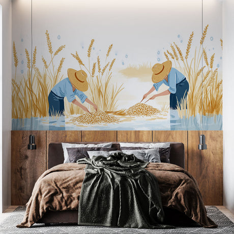Wheat field wallpaper mural creating a warm, inviting atmosphere in a modern farmhouse dining room