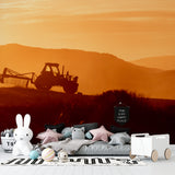 Farm wallpaper mural in modern farmhouse living room showing tractor silhouette at sunset