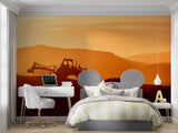 Farm scene wallpaper in cozy bedroom with warm lighting