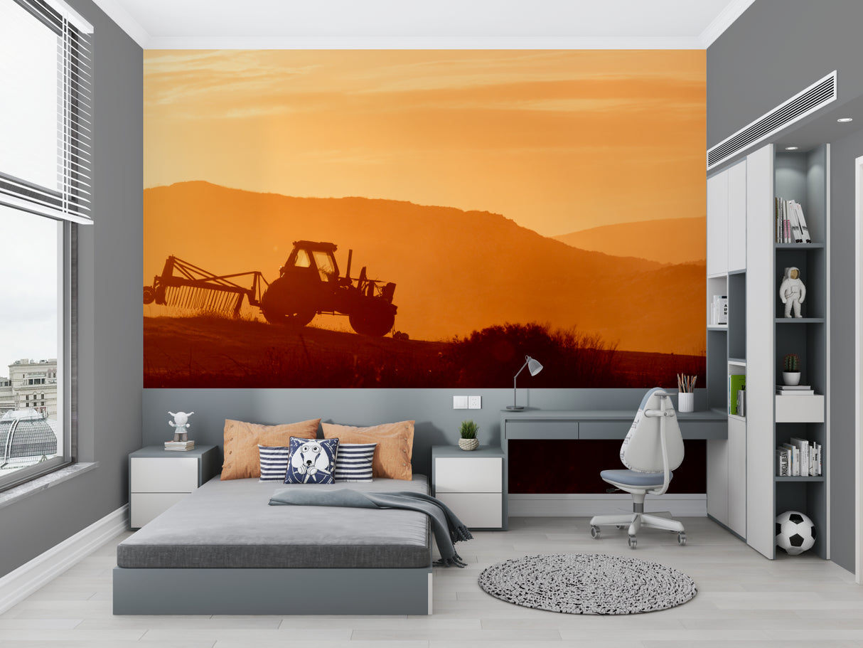 Countryside mural wallpaper in child's playroom with farm theme
