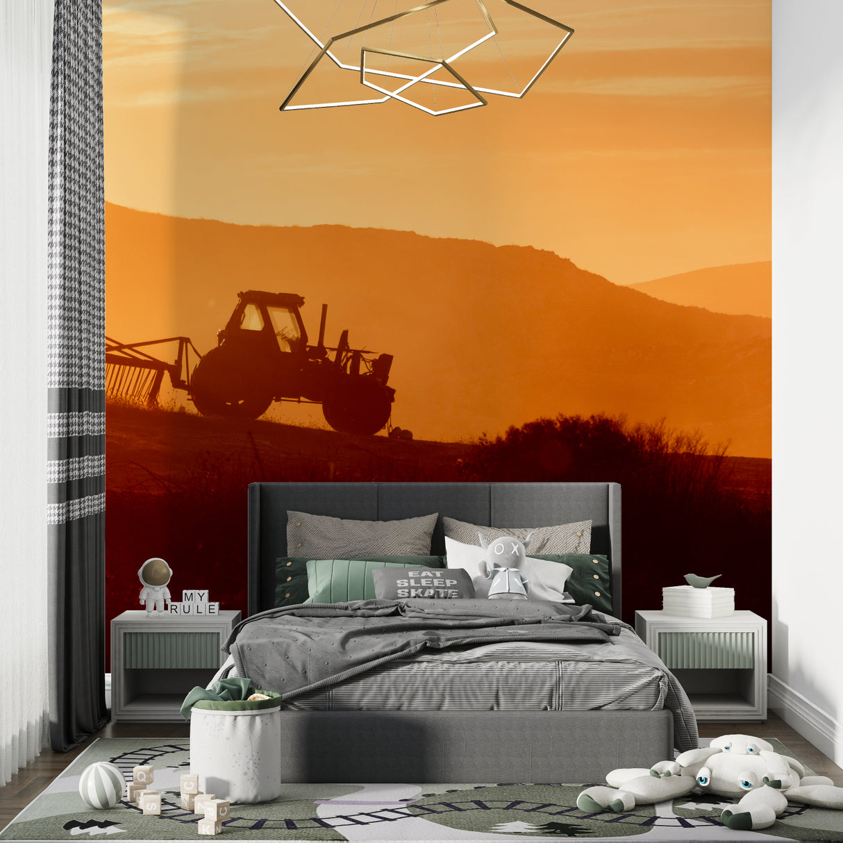 Farm landscape wallpaper adding depth to home office space