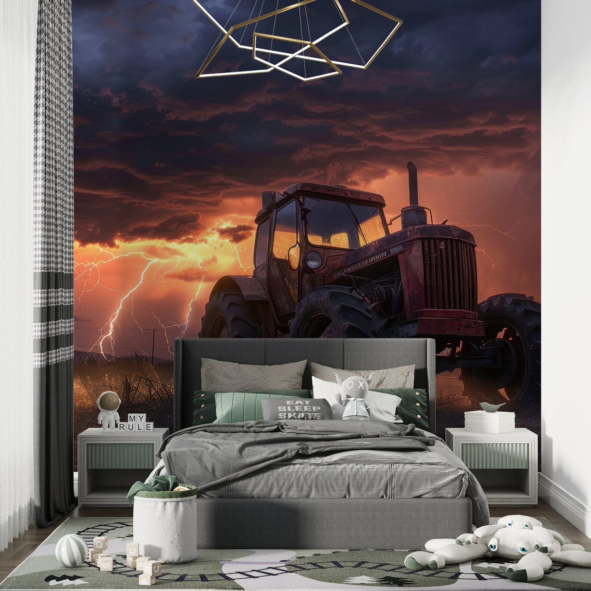 Farm tractor wallpaper creating a stunning focal point in a modern living room with dramatic storm sunset