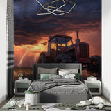 Farm tractor wallpaper creating a stunning focal point in a modern living room with dramatic storm sunset
