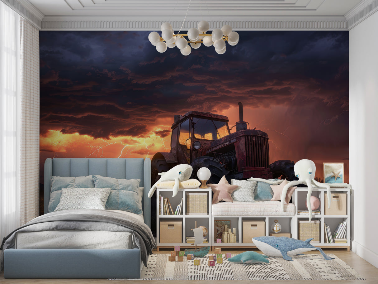 Tractor storm mural wallpaper transforming a rustic dining room with warm sunset glow