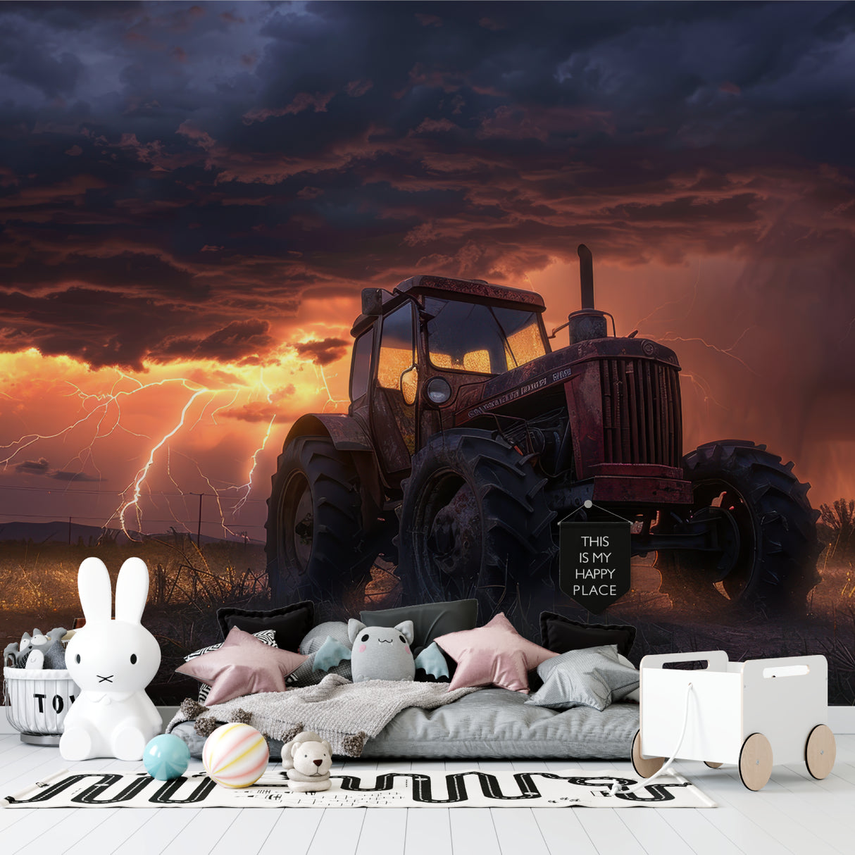 Dramatic farm wallpaper adding character to a home office with lightning scene