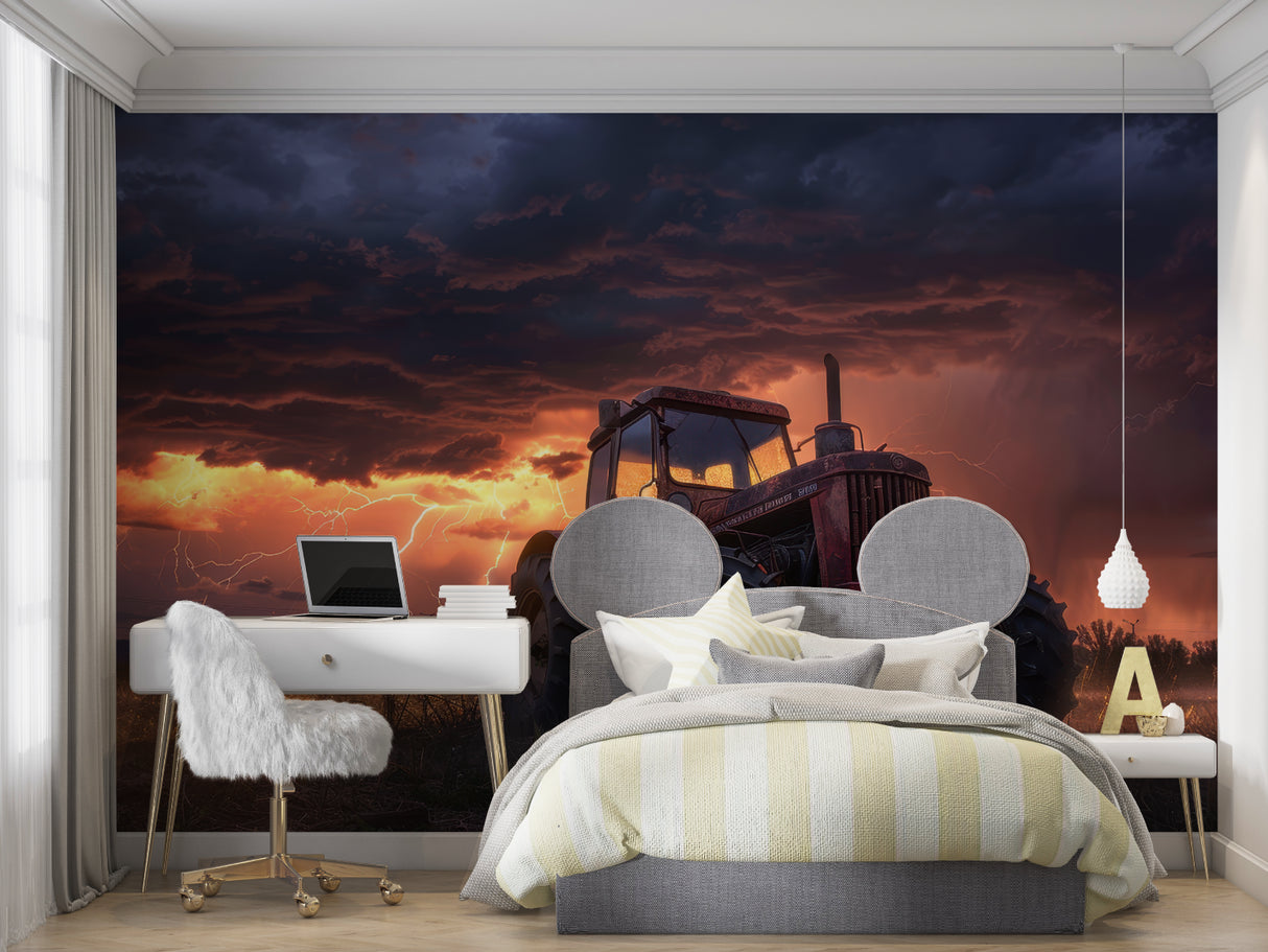 Farm scene wallpaper making a bold statement in a country-style bedroom
