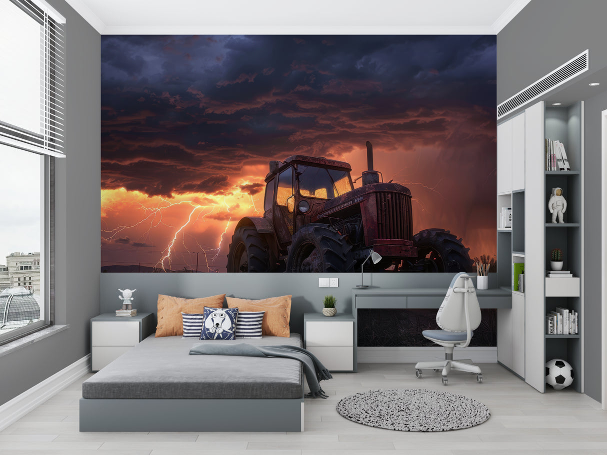 Sunset tractor mural creating depth in a modern farmhouse entryway