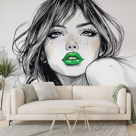 Fashion portrait wallpaper with green accent creating drama in a modern living room with minimalist furniture