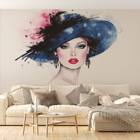 Fashion portrait wallpaper with blue hat and red lips creating an artistic statement wall in a modern living room setting