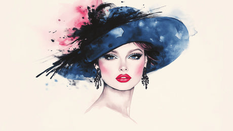 Fashion watercolor portrait wallpaper design file showing detailed blue hat and red lips pattern