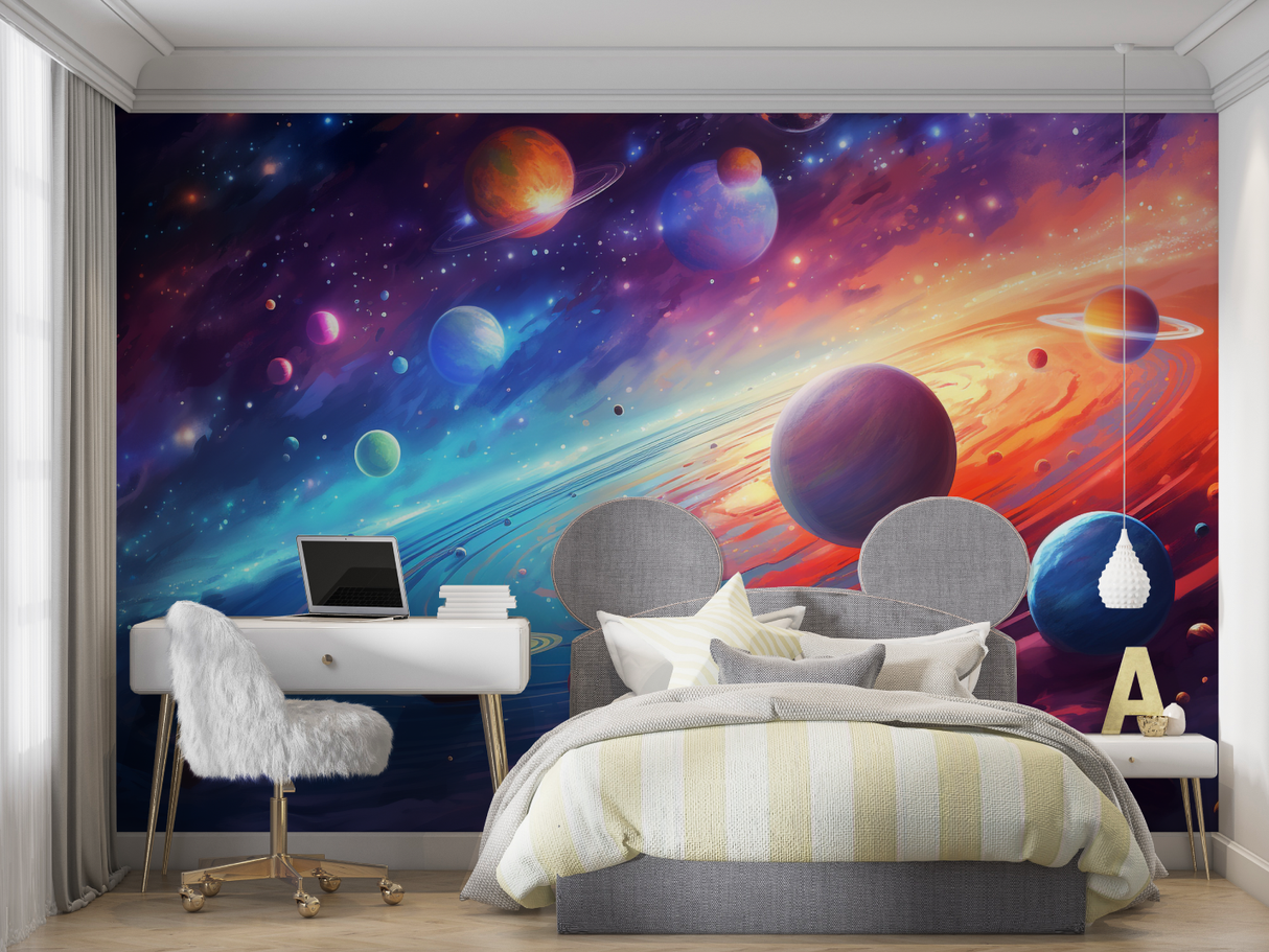 Space Mural Wallpaper | Colorful Galaxy and Planets Design