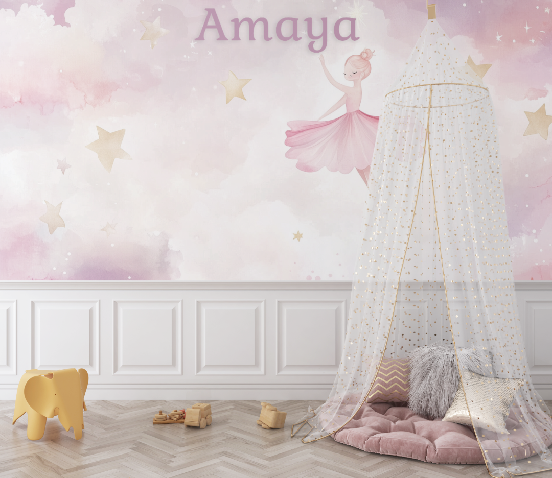 Ballet Mural Wallpaper | Dreamy Pink Dancer with Golden Stars