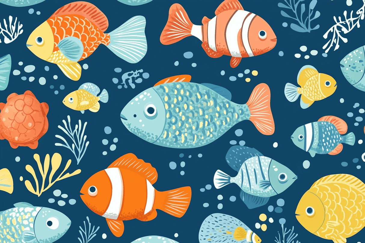 Marine Animals Mural Wallpaper | Playful Ocean Fish Design