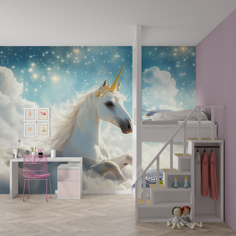 Unicorn Mural Wallpaper | Magical Sky with Golden Stars