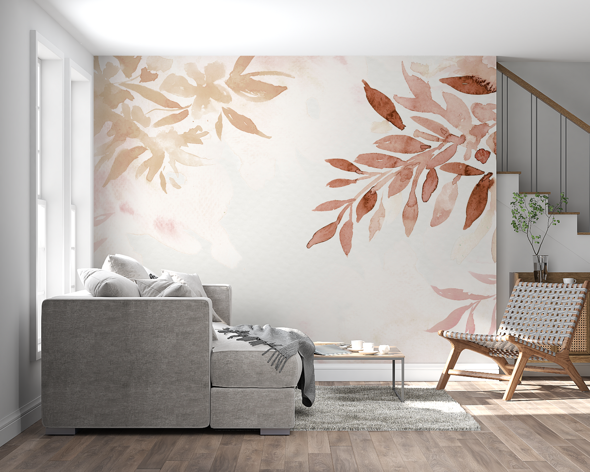 Floral Mural Wallpaper | Watercolor Terracotta Leaves