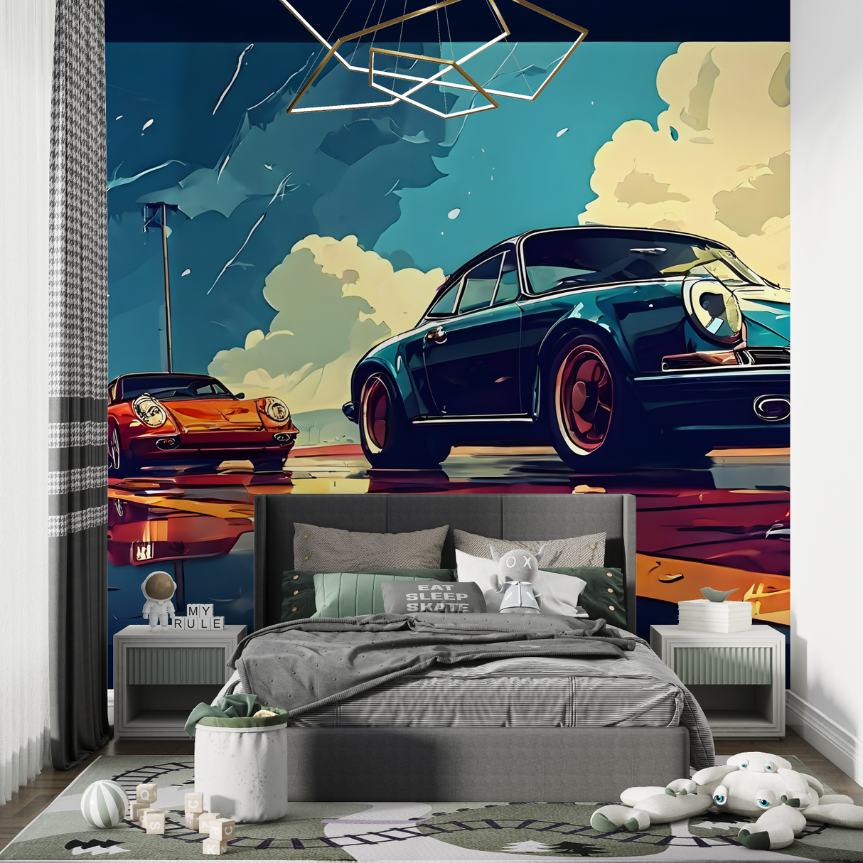 Sports Car Mural Wallpaper | Vintage Porsche Art Design