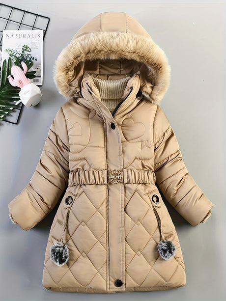 Girls Winter Puffer Coat  Quilted Heart Design With Fur Hood - Product detail 11