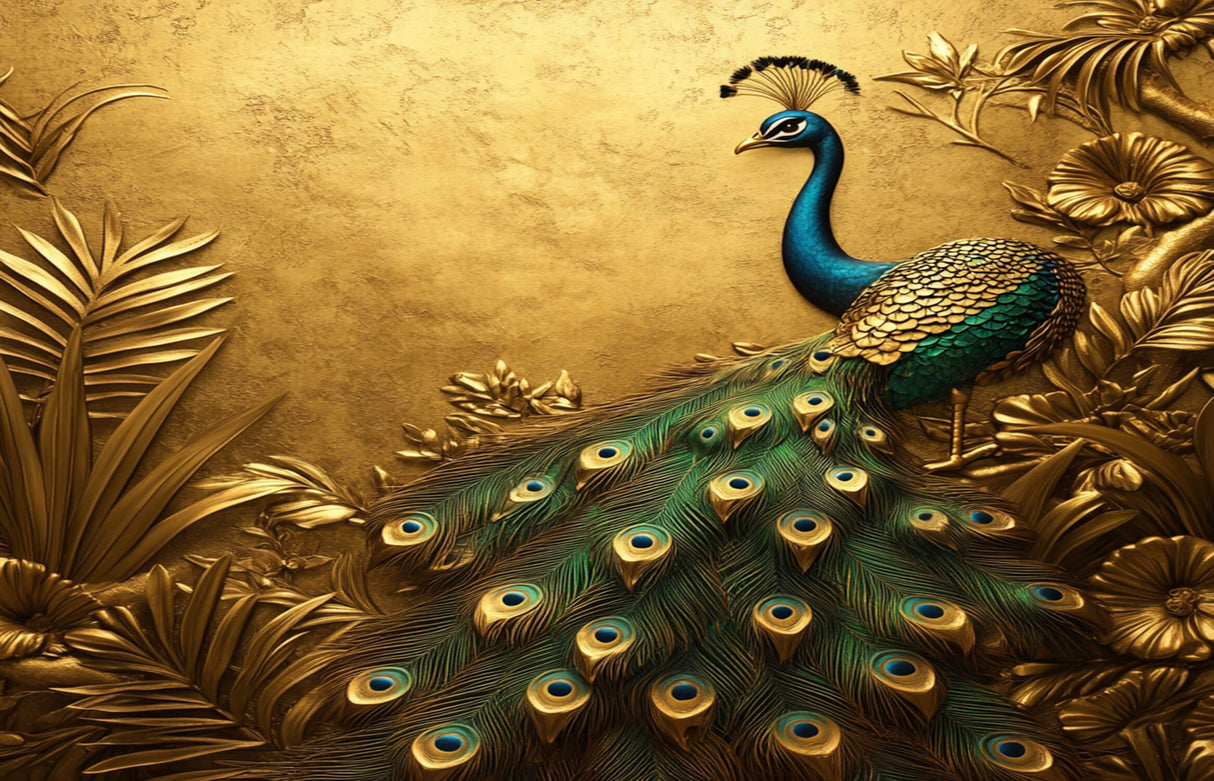 Peacock Mural Wallpaper | Luxury Gold and Emerald Design
