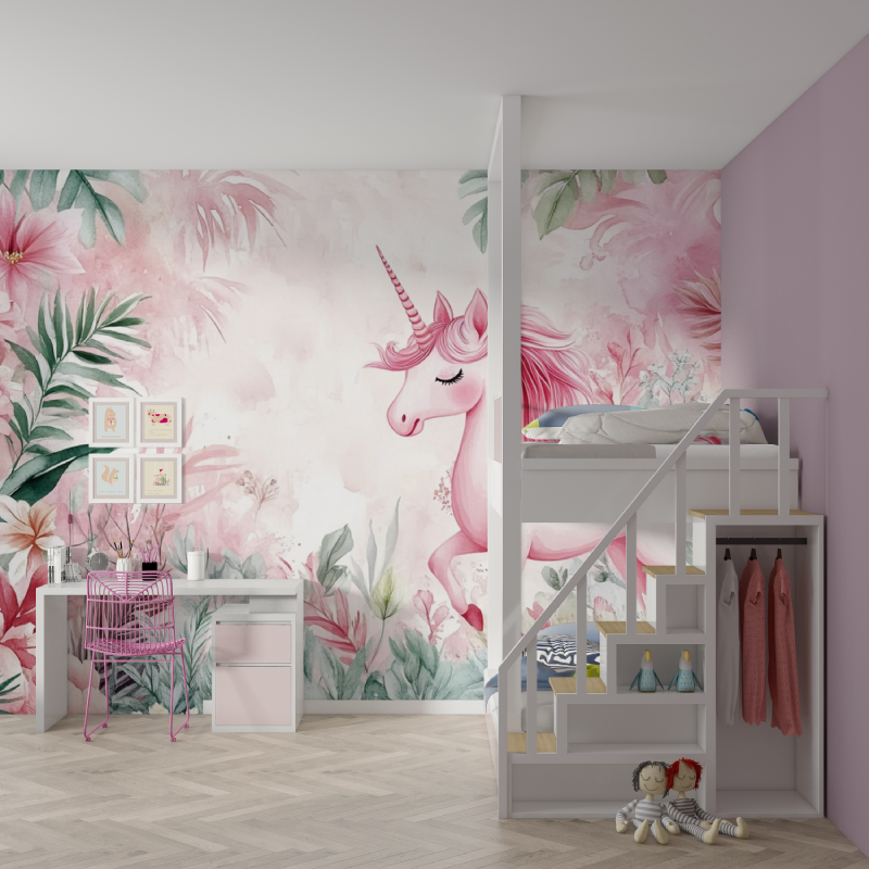 Unicorn Mural Wallpaper | Pink Fantasy with Tropical Leaves