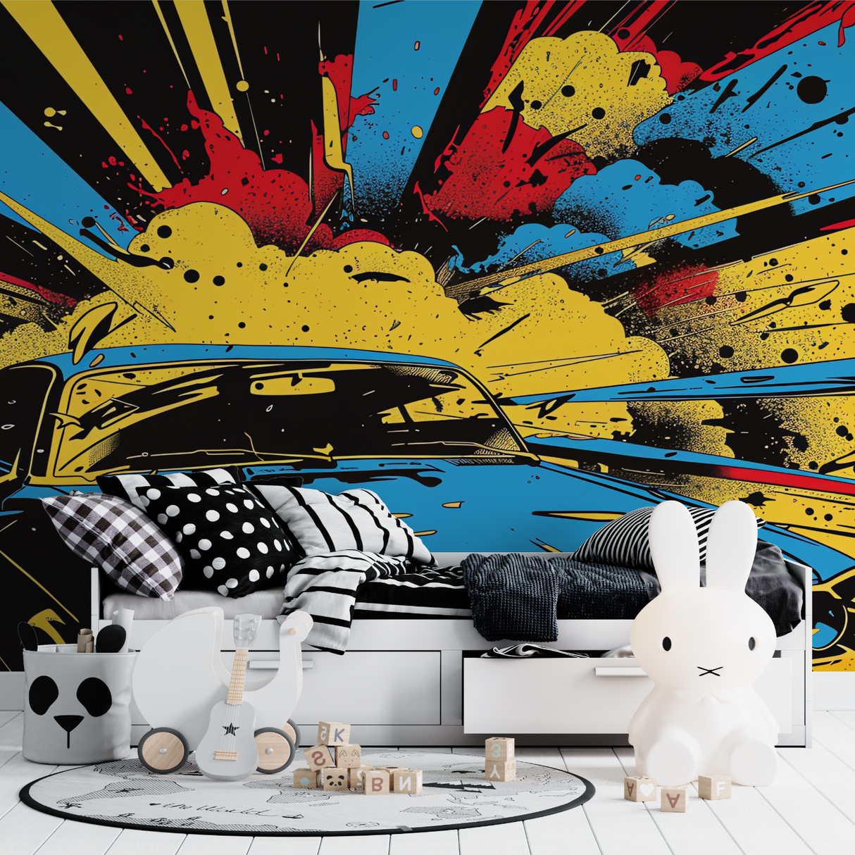 Street Art Mural Wallpaper | Dynamic Car Graffiti Explosion