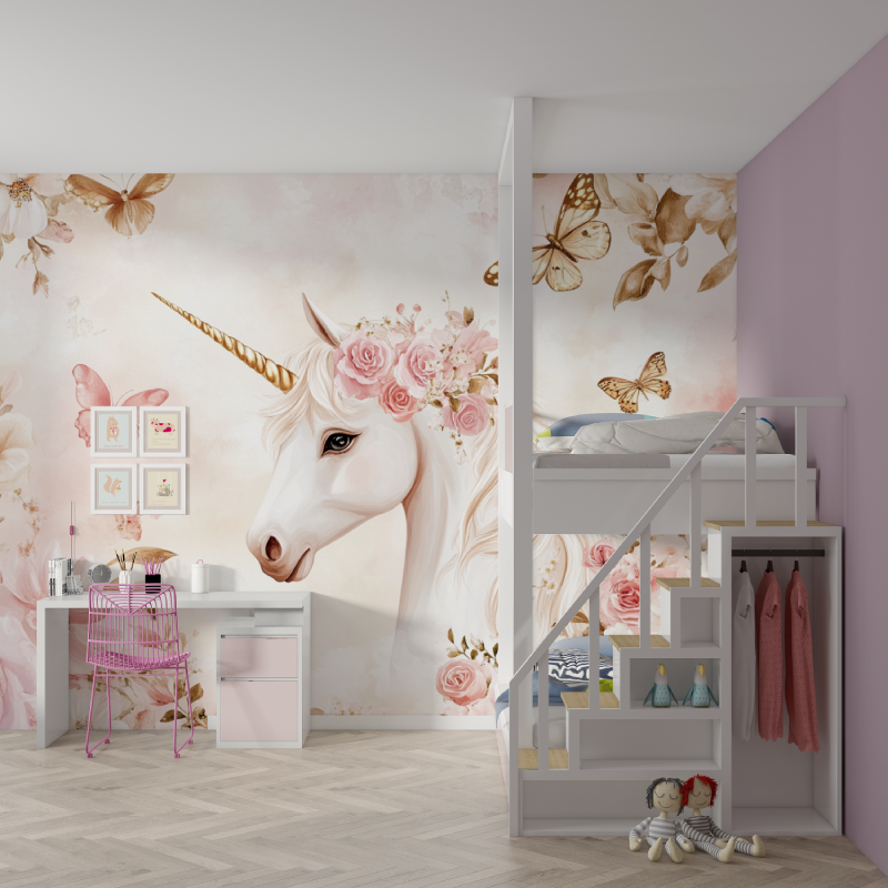 Unicorn Mural Wallpaper | Floral Fantasy with Butterflies