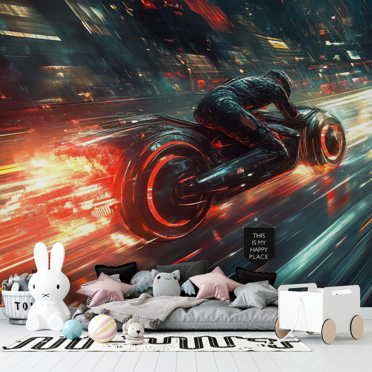Sci-Fi Mural Wallpaper | Futuristic Motorcycle Speed Design