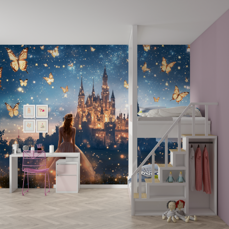 Princess Mural Wallpaper | Magical Castle with Golden Butterflies