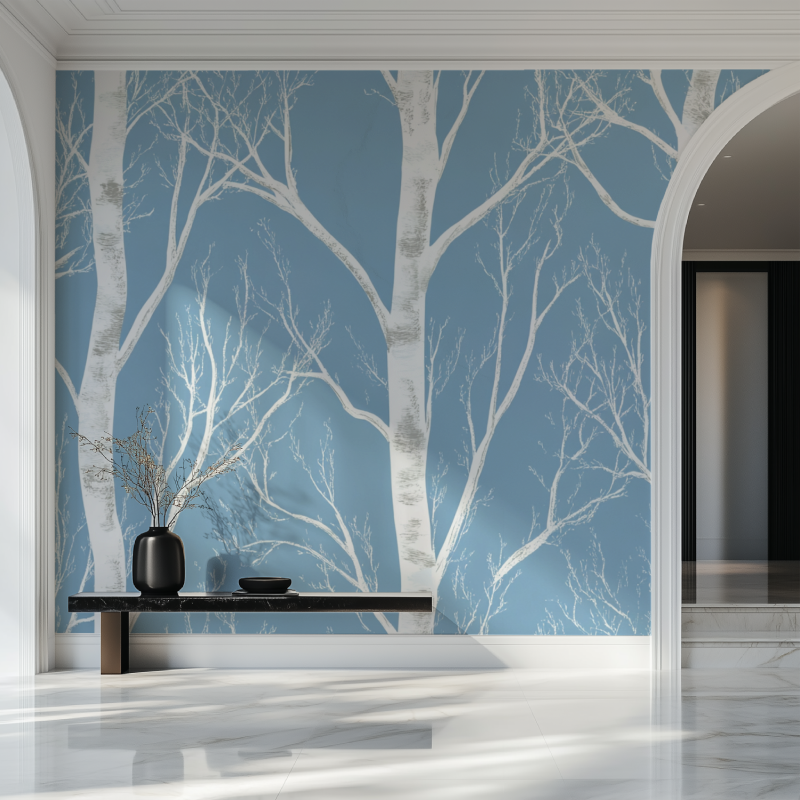 Tree Mural Wallpaper | White Birch on Blue Background