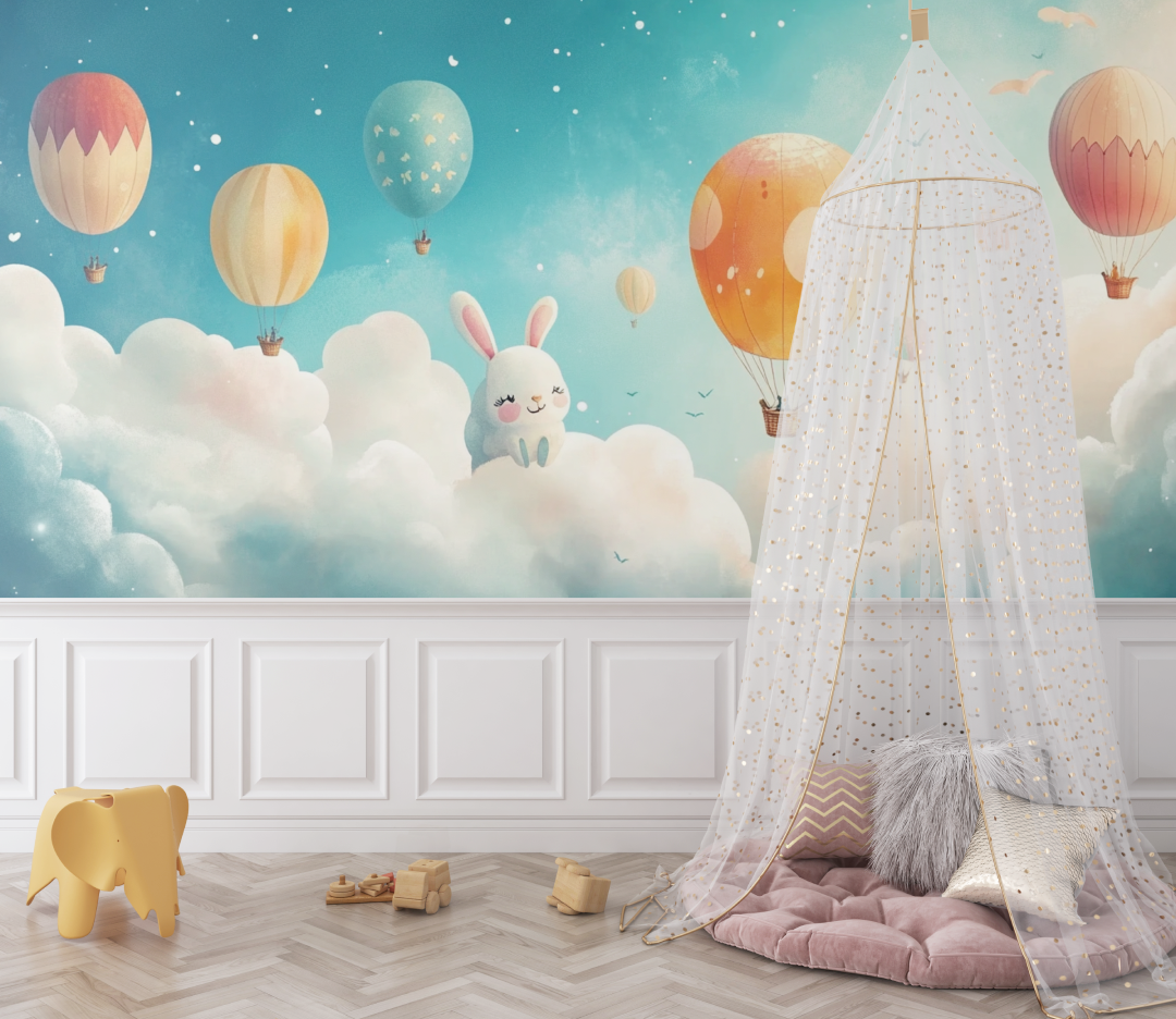 Kids Mural Wallpaper | Hot Air Balloons and Bunny Clouds
