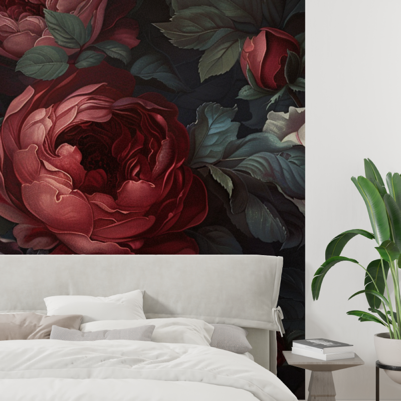 Floral Mural Wallpaper | Dark Red Roses on Black Background