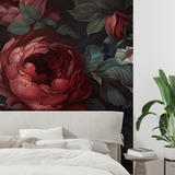 Floral Mural Wallpaper | Dark Red Roses on Black Background