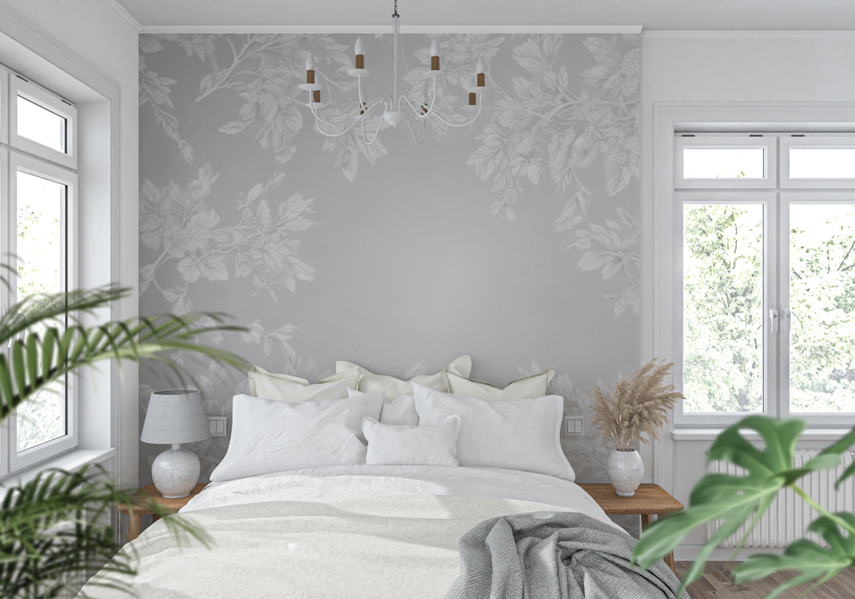 Floral Mural Wallpaper | Elegant Grey Leaf Pattern