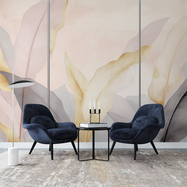 Pink and gold feather wallpaper mural creating an elegant atmosphere in a modern bedroom with soft lighting