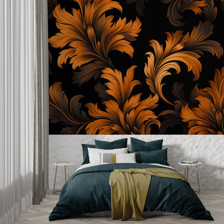 Art deco feather wallpaper creating drama in modern living room with amber accents